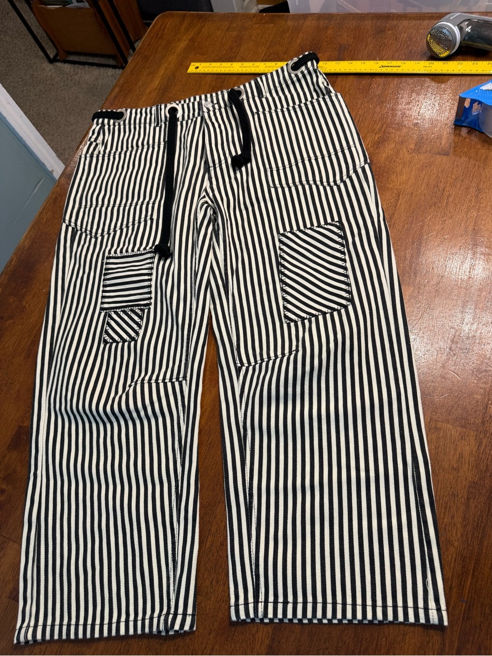 BiBi Striped Twill Barrel Pants Mixed Patch Pocket Drawstring Boho Black Cream